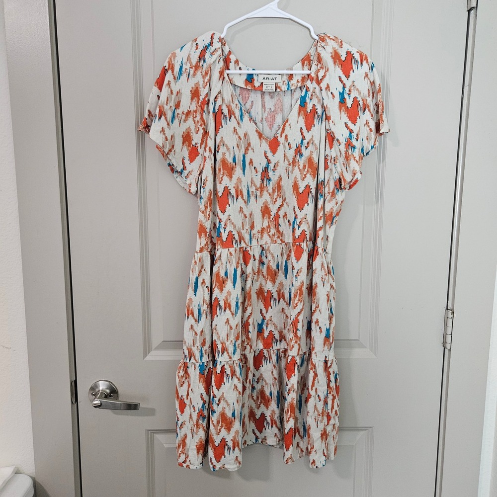 Ariat Womens Orange Blue Ikat Print Tiered Linen Blend V-Neck Mini Dress Large